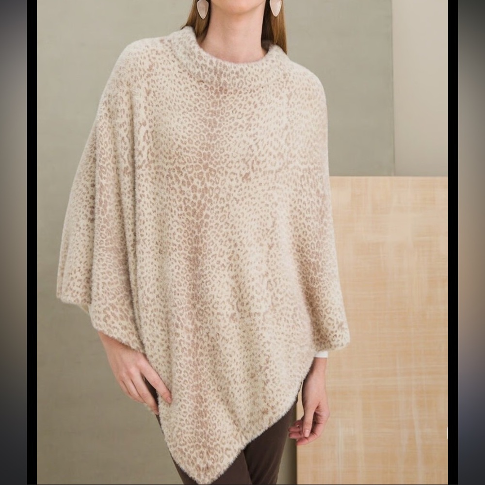 Chico’s Leopard Print Fuzzy Poncho Sweater | Cream